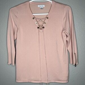VTG Calvin Klein Y2K Blush Lace Up Knit Top L Pink Grommet Zip Sleeve Chic